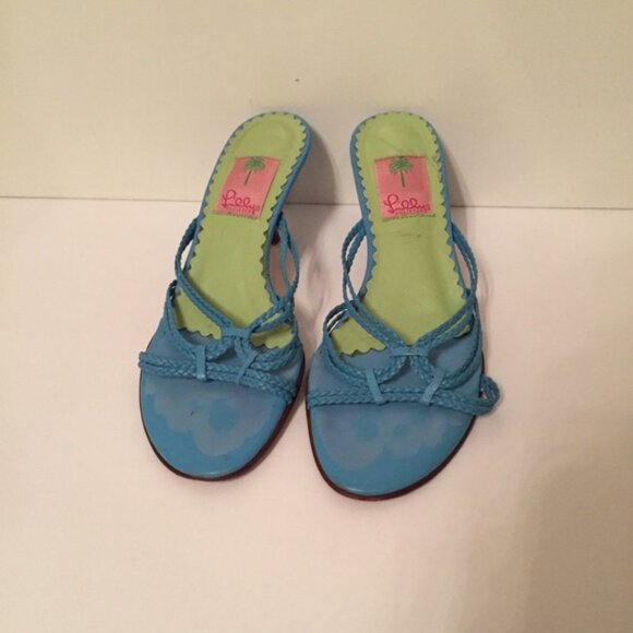 LILLY PULITZER SHOES HEELS 3.5” SANDAL BLUE LEATHER BRAIDED STRAP ITALY - Picture 1 of 6